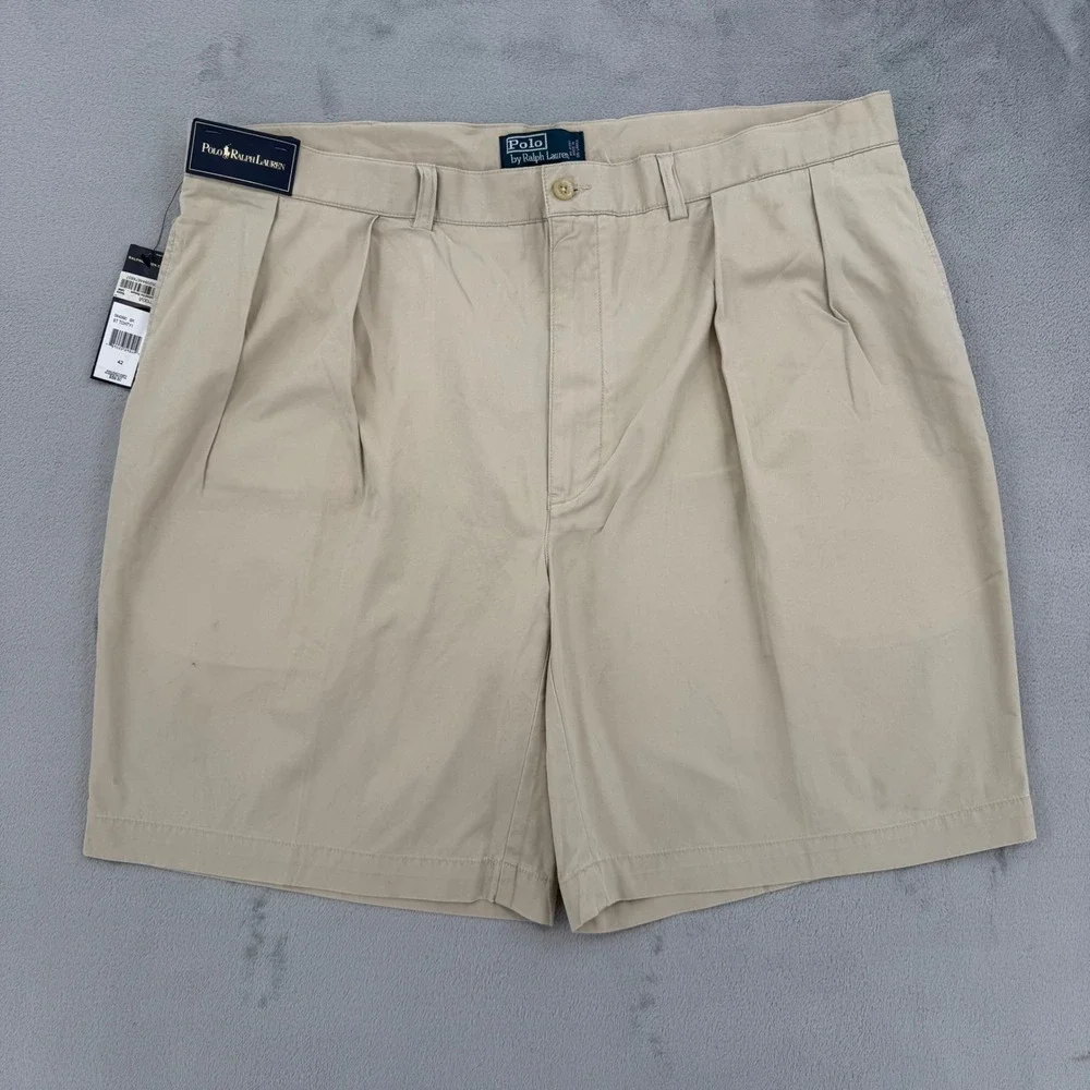 Polo Ralph Lauren Tyler Short Mens Tan Khaki Pleated 100% Cotton Twill Size 42‎